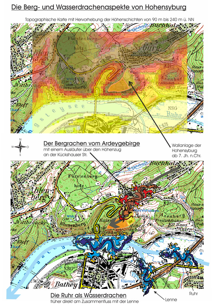 Darstellung der Höhenschichten und der Berg- und Wasserdrachen der Hohensyburg